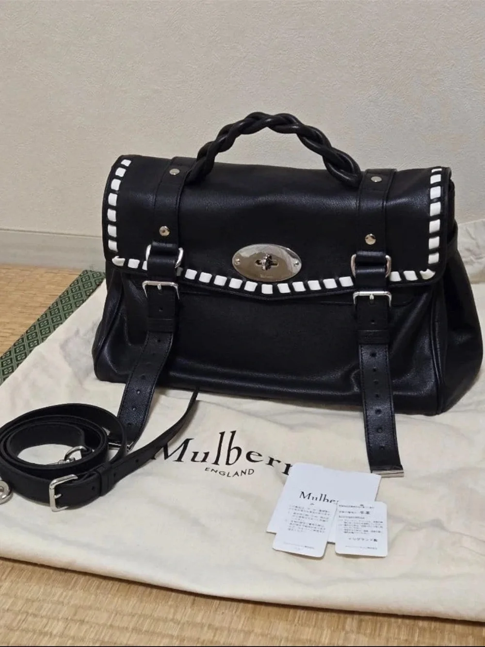 Mulberry Black Leather Satchel with White Trim